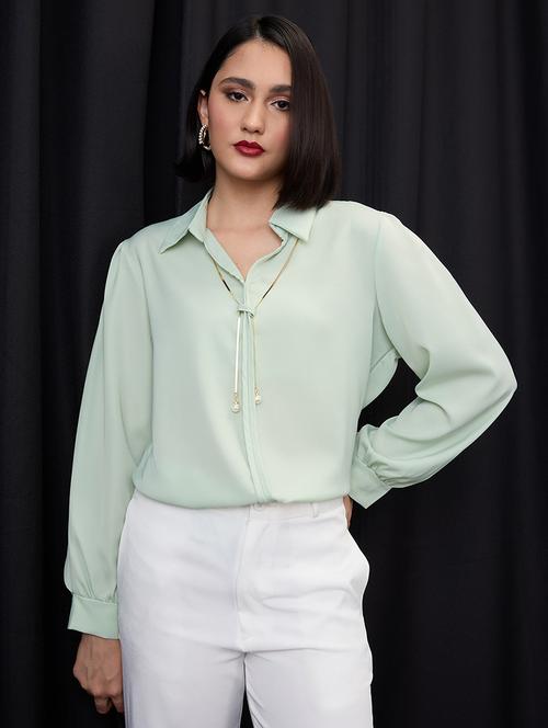 globus women green collared neck cuffed sleeves chain & pearl detail shirt style workwear top - 21955882 -  Standard Image - 0