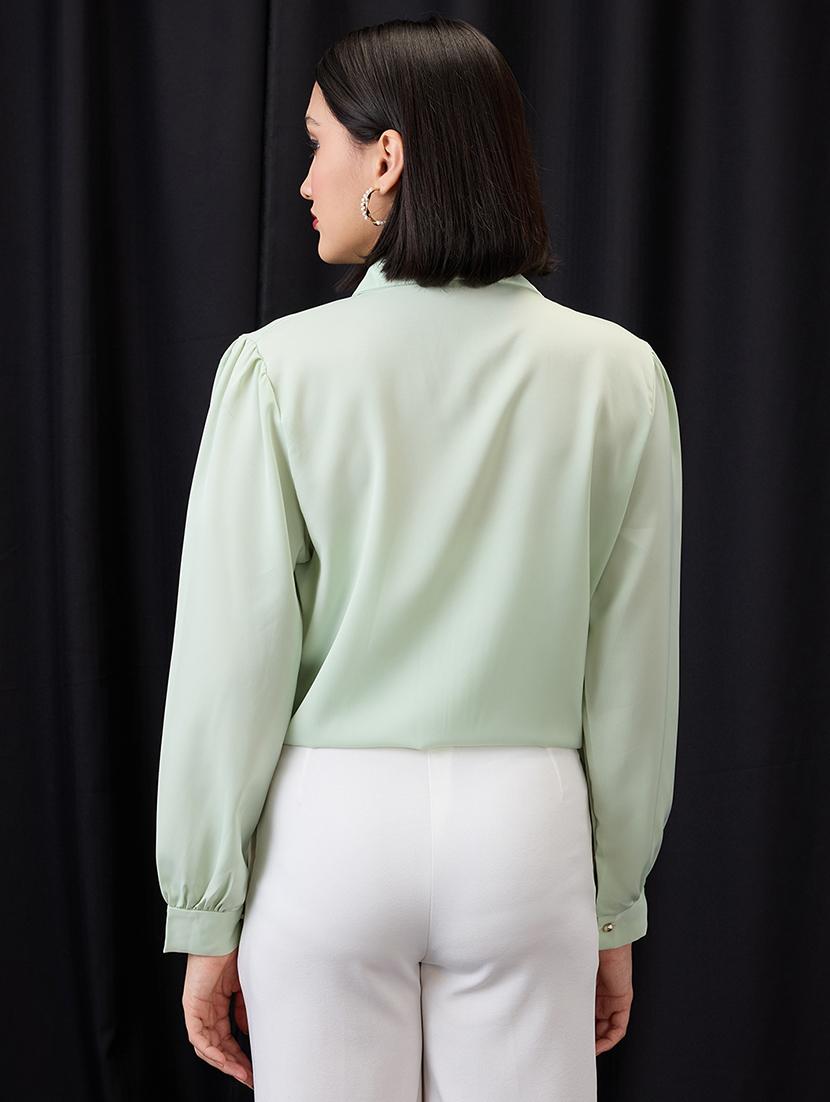 globus women green collared neck cuffed sleeves chain & pearl detail shirt style workwear top - 21955882 - Standard Image - 2