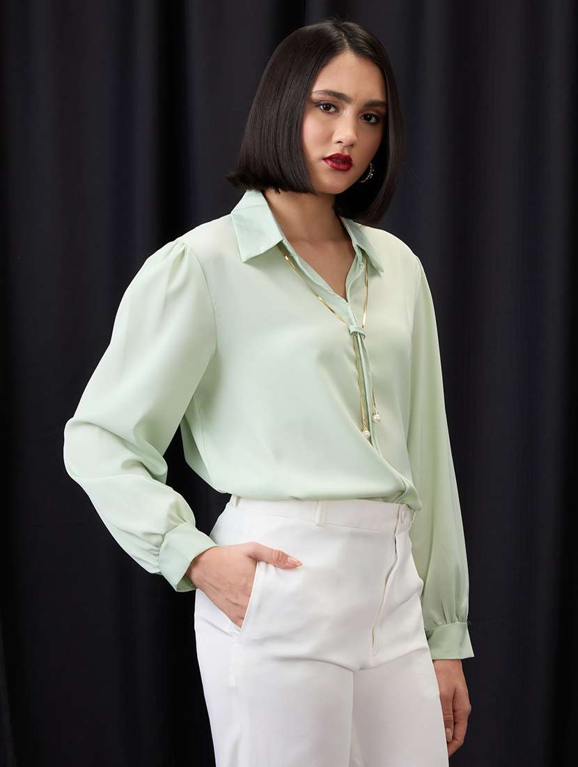 globus women green collared neck cuffed sleeves chain & pearl detail shirt style workwear top - 21955882 -  Standard Image - 2