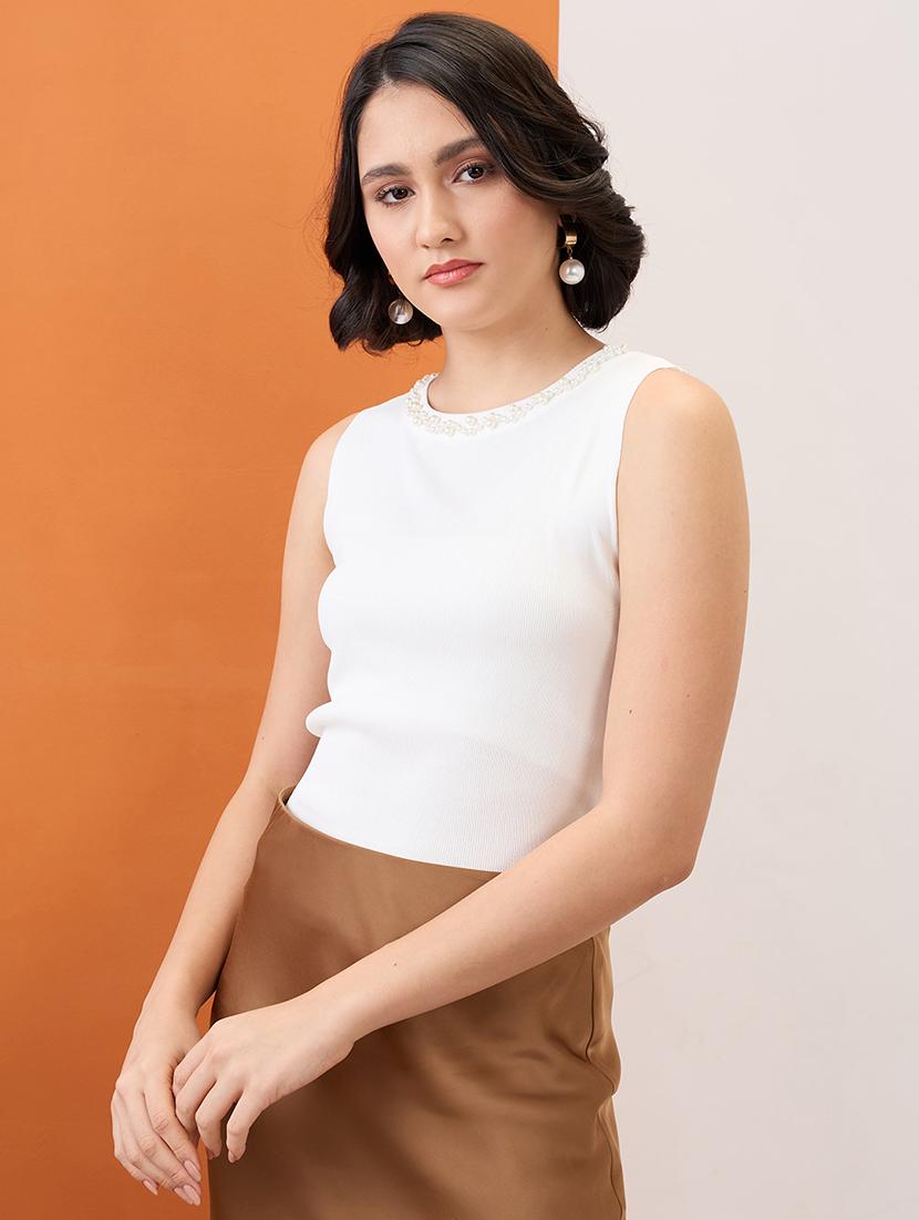 women black globus women white pearl jewel neck ribbed tank top sleeveless tank top - 21955884 - Zoom Image - 0
