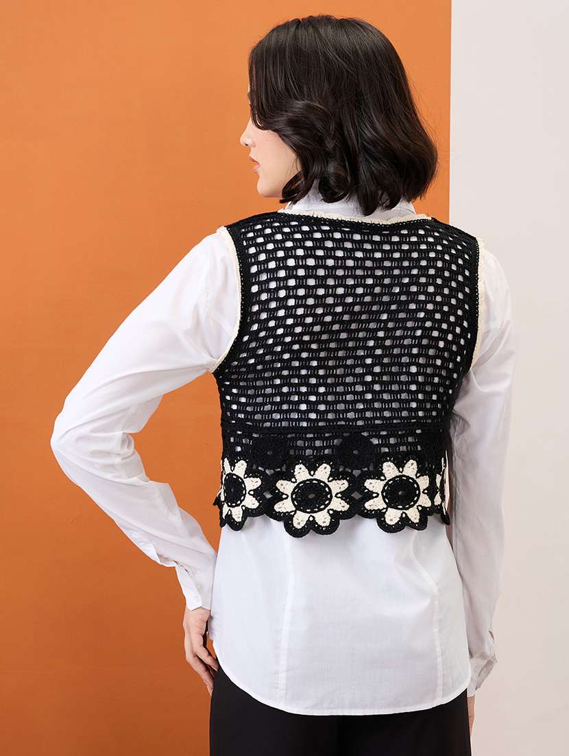 globus women black round neck floral embroidered crochet crop vest top - 21955885 -  Standard Image - 2