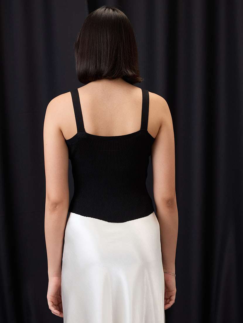 globus women black round neck strappy sleeves asymmetric hem ribbed vest top - 21955886 -  Standard Image - 2