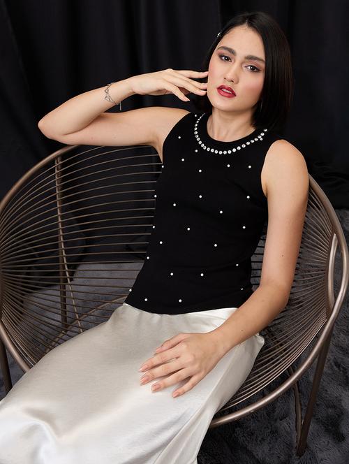 globus women black round neck pearl embellished detail ribbed party tank top - 21955892 - Standard Image - 0
