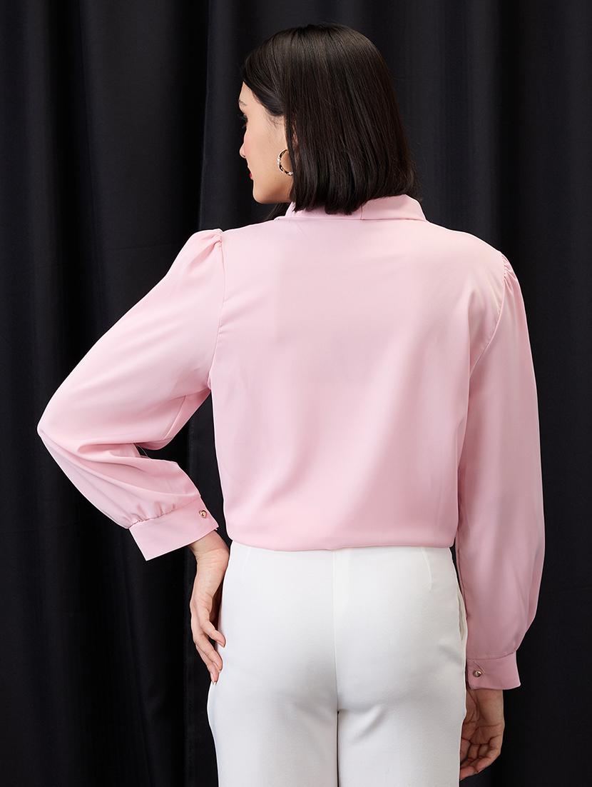 globus women pink tie-up neck cuff sleeves workwear top - 21955893 - Standard Image - 2