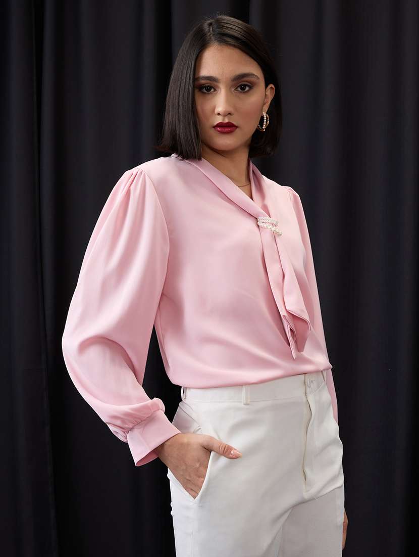 globus women pink tie-up neck cuff sleeves workwear top - 21955893 -  Standard Image - 2