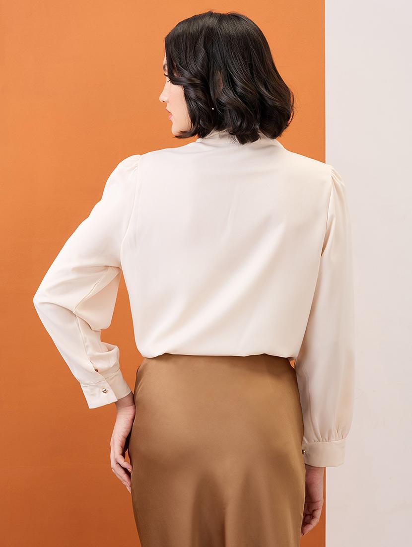 globus women beige tie-up neck cuff sleeves workwear top - 21955894 - Standard Image - 2