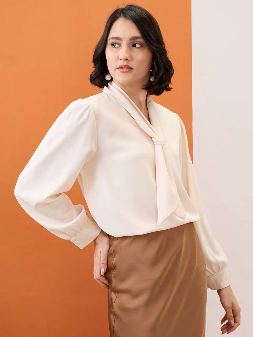 globus women beige tie-up neck cuff sleeves workwear top - 21955894 -  Standard Image - 2