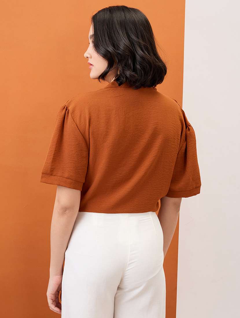 globus women brown collared neck drop-shoulder sleeves shirt style workwear top - 21955895 -  Standard Image - 2