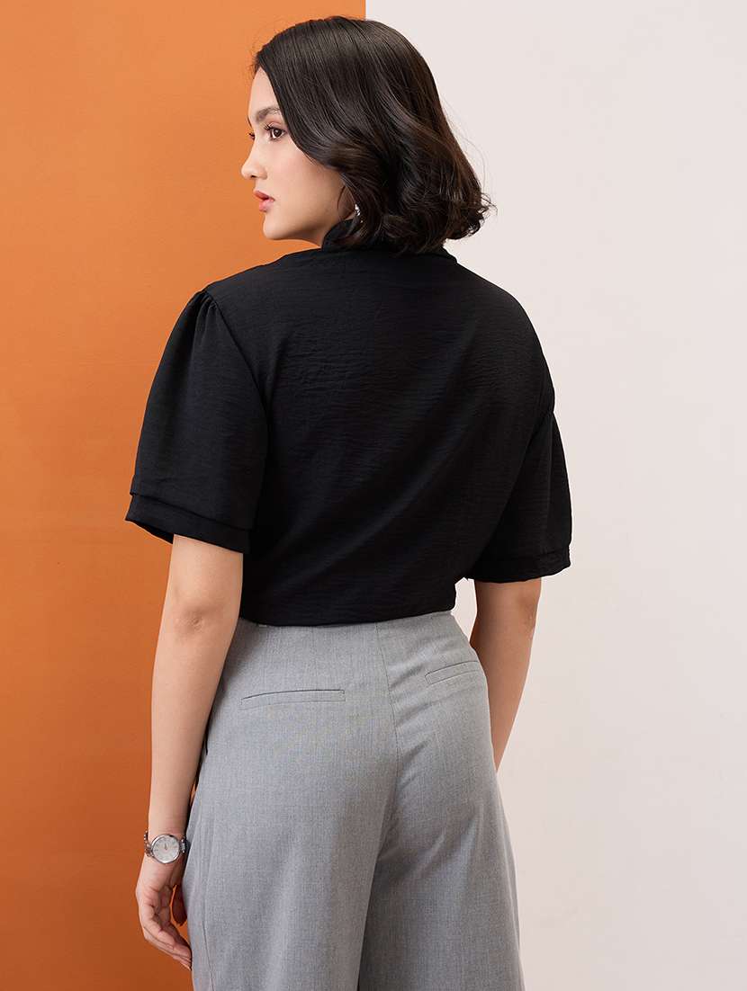 globus women black collared neck drop-shoulder sleeves shirt style workwear top - 21955896 -  Standard Image - 2