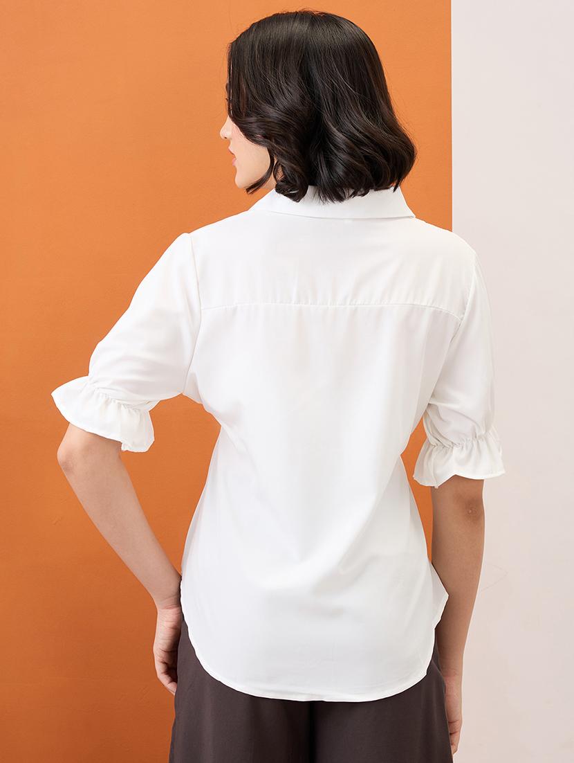 globus women white shirt collar puff sleeves solid waist tie-up workwear peplum top - 21955898 - Standard Image - 2