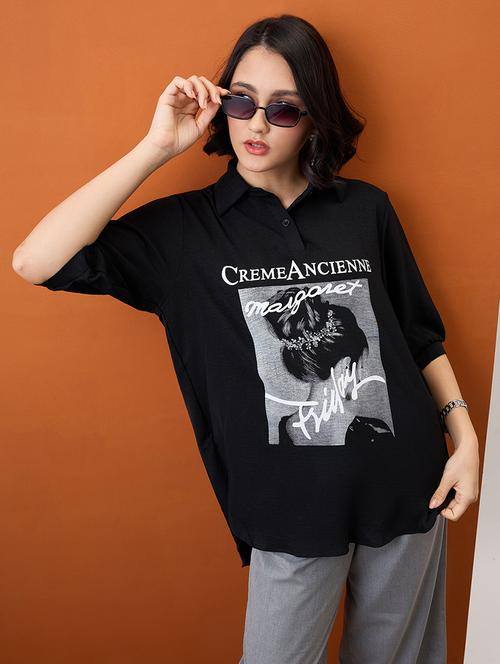 globus women black collared neck graphic print high low hem oversized shirt style top - 21955899 -  Standard Image - 0