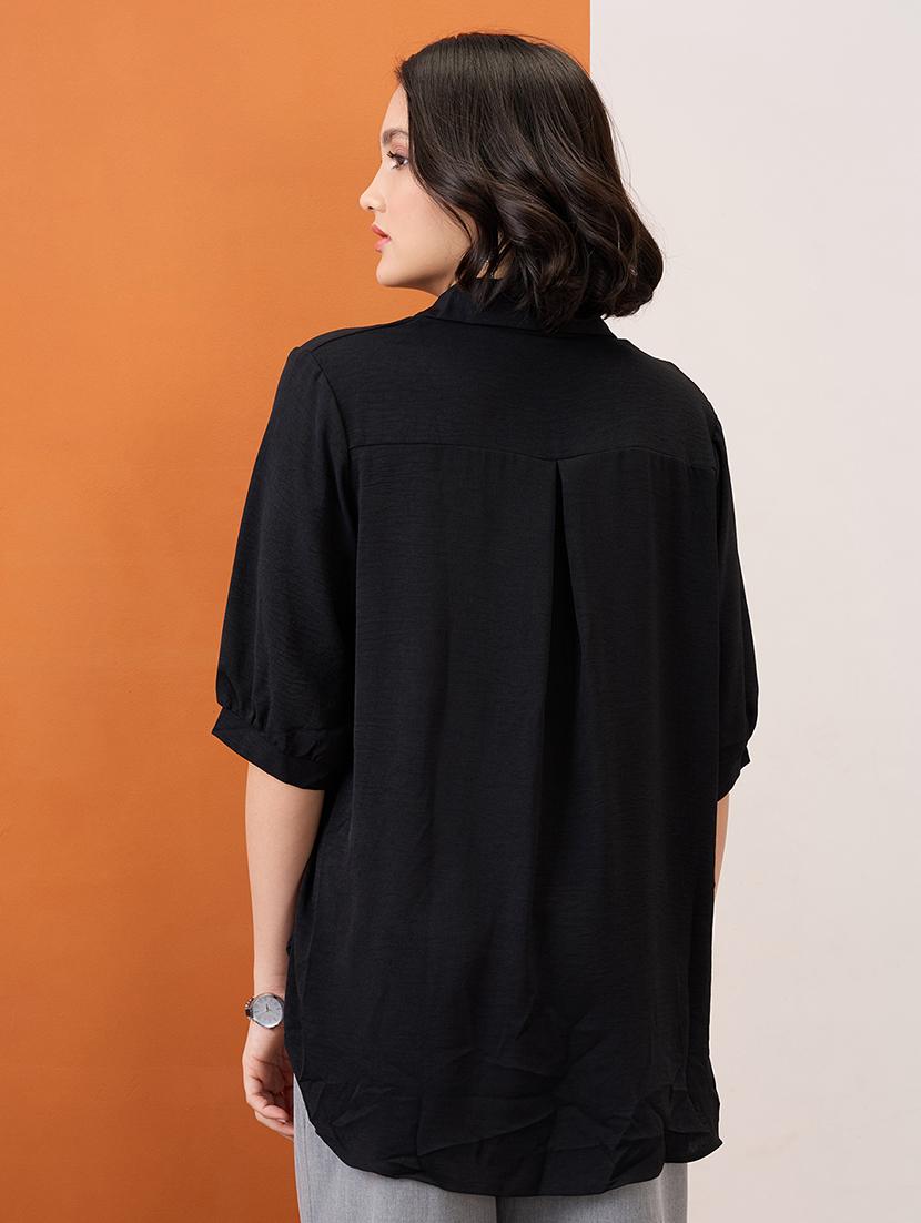 globus women black collared neck graphic print high low hem oversized shirt style top - 21955899 - Standard Image - 2