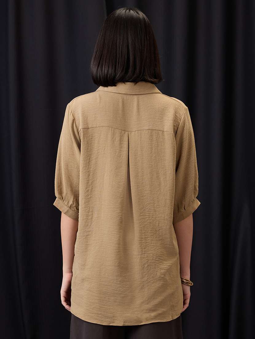 globus women brown collared neck graphic print high low hem oversized shirt style top - 21955900 -  Standard Image - 2