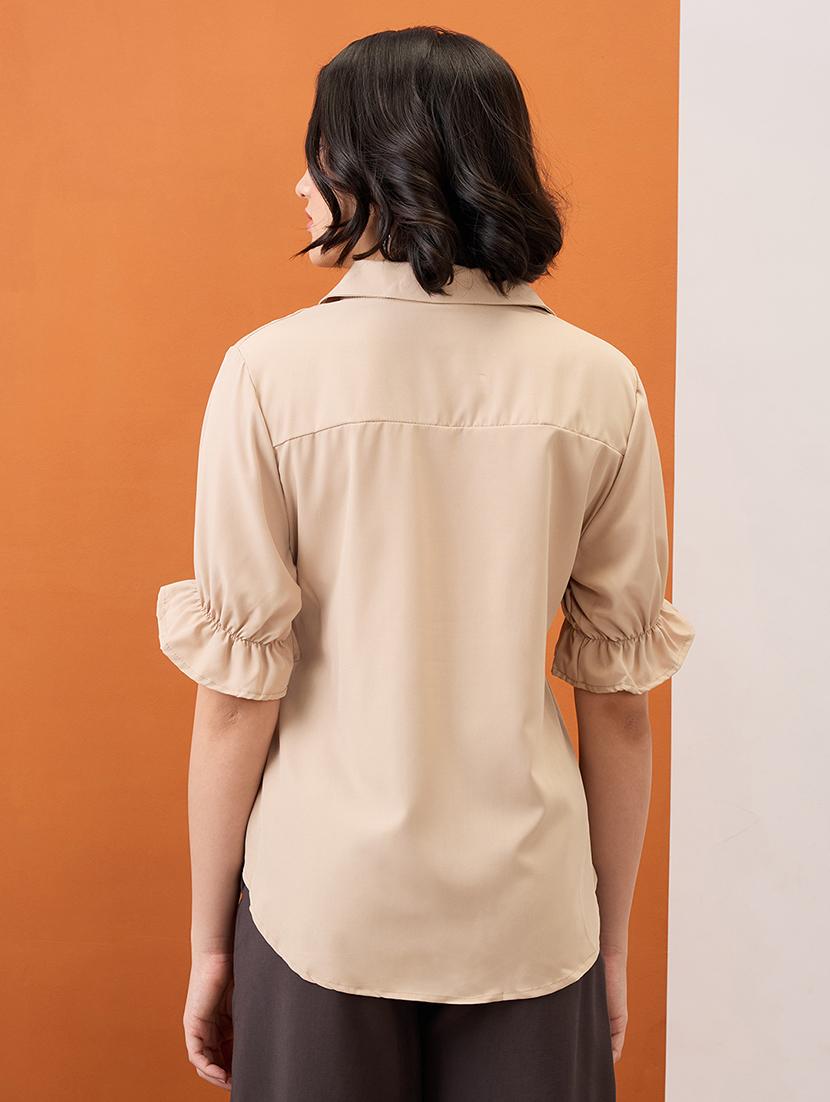 globus women camel brown shirt collar puff sleeves solid waist tie-up workwear peplum top - 21955903 - Standard Image - 2