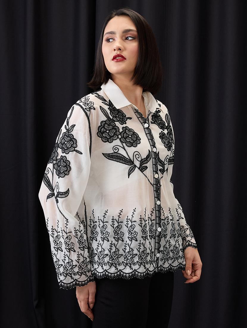 globus women black & white floral embroidered collared neck bell sleeves scalloped hem shirt - 21955906 - Standard Image - 2