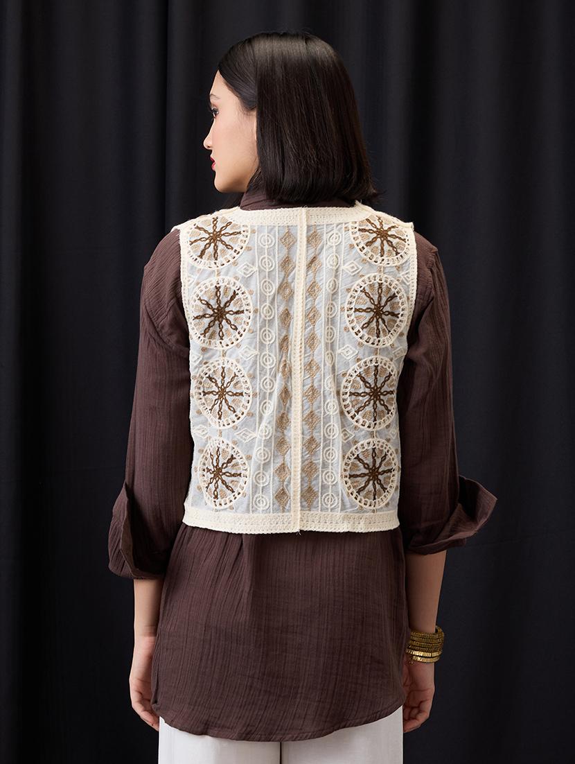 globus women beige v-neck indie pattern self design crochet fusion waistcoat - 21955908 - Standard Image - 2