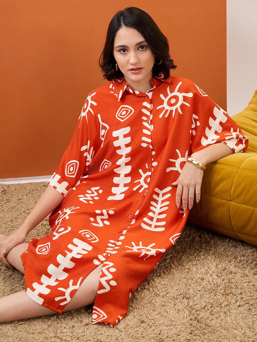 globus women rust tribal print collared neck batwing sleeves straight hem oversized fusion midi shirt dress - 21955909 -  Zoom Image - 0