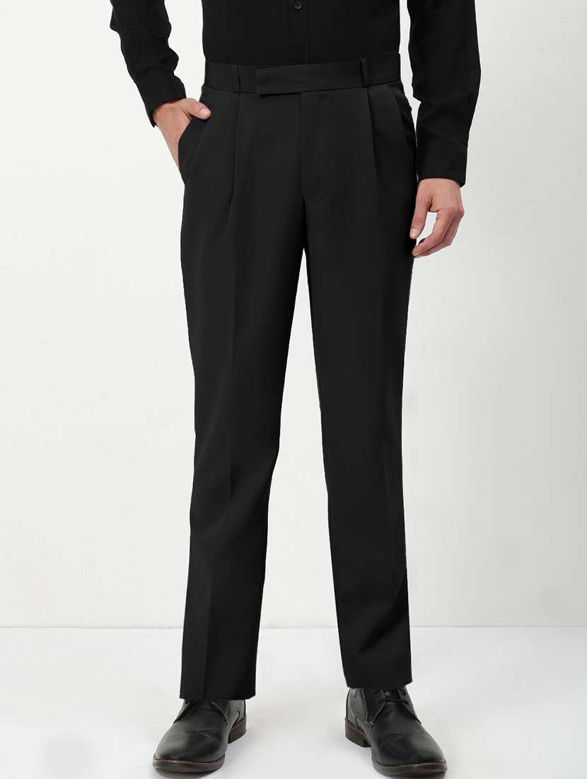 men solid mid rise pleated formal trouser