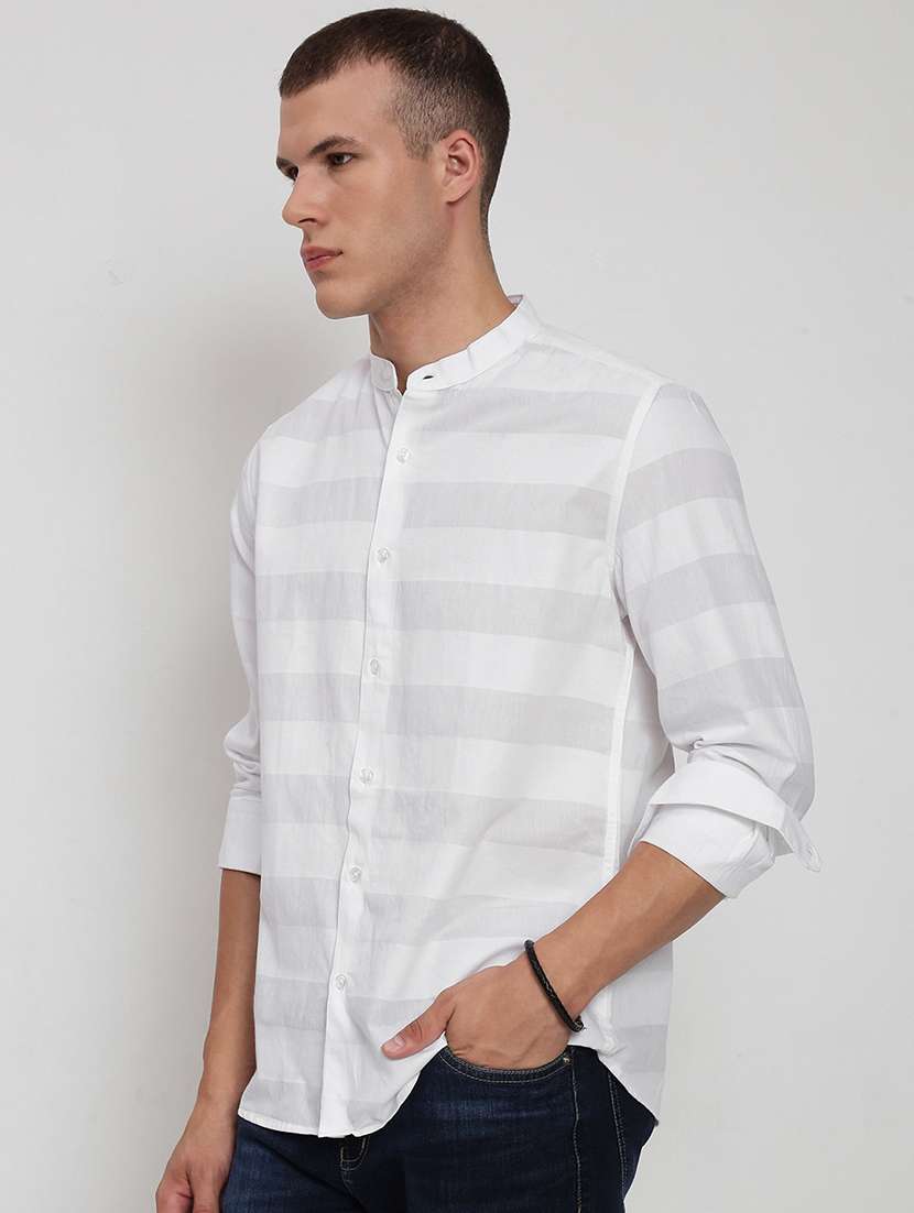 men striped mandarin collared long sleeve shirt - 21955951 -  Standard Image - 2