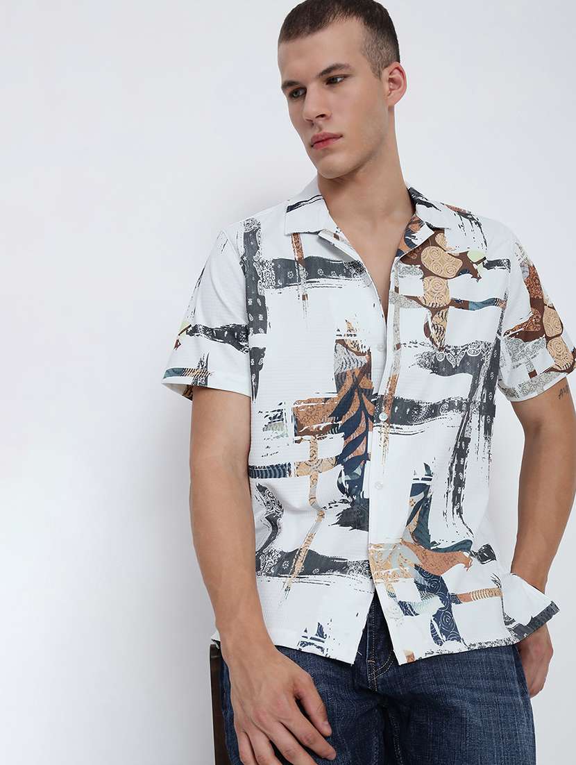 men printed cuban collared short sleeve shirt