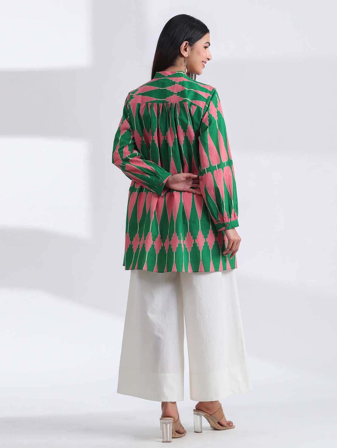 women printed long sleeve high low ethnic top - 21956018 - Standard Image - 2