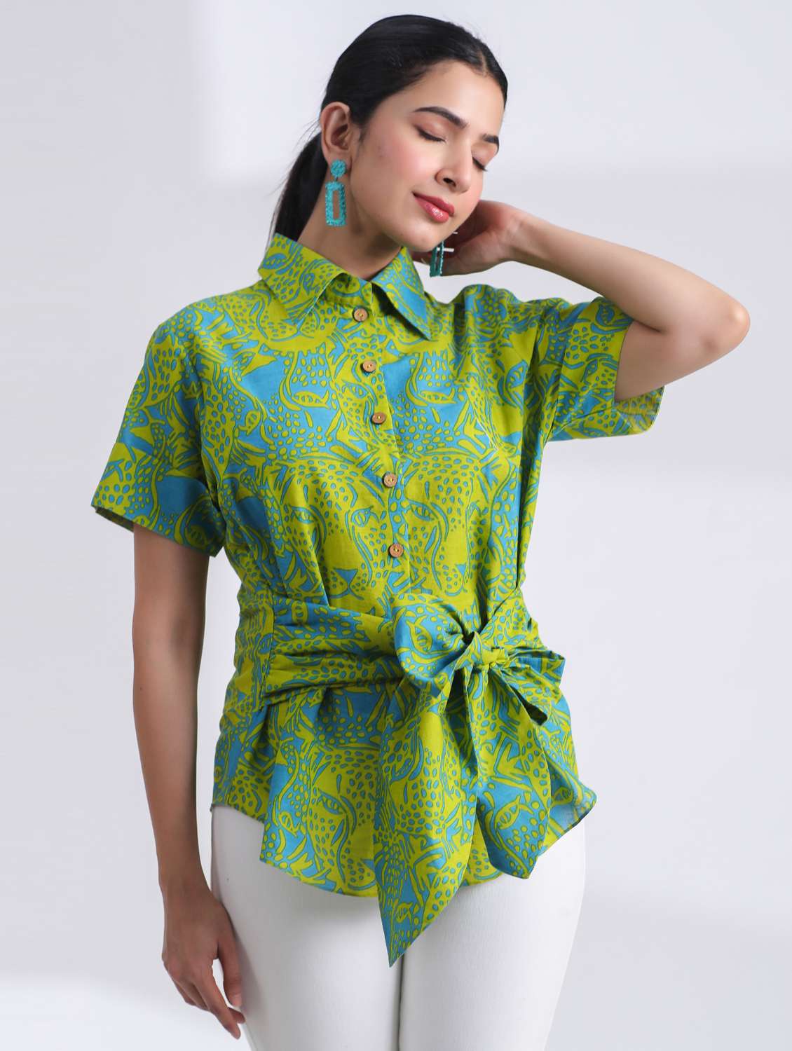 women green printed short sleeve ethnic top - 21956021 - Standard Image - 2