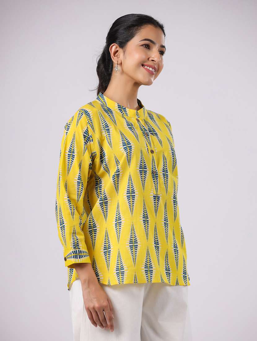 women yellow printed three quarter sleeve ethnic top - 21956026 - Standard Image - 2