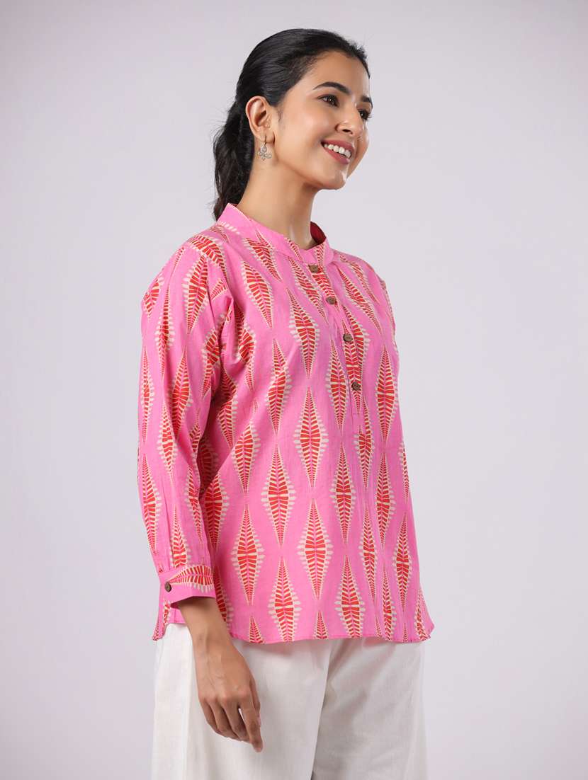 women pink printed three quarter sleeve ethnic top - 21956027 - Standard Image - 2