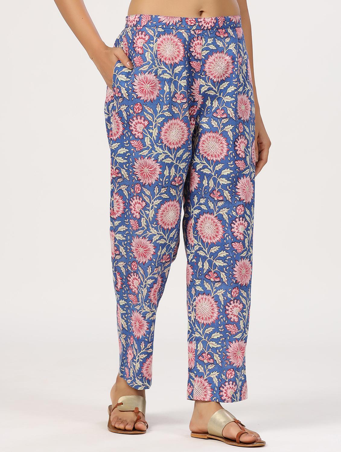 women blue floral printed mid rise tapered pant - 21956034 - Standard Image - 2