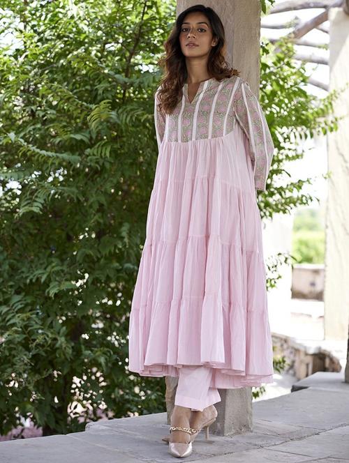 women pink floral long sleeve tiered kurta - 21956044 -  Standard Image - 0