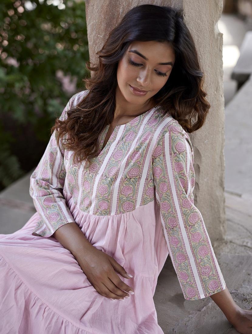 women pink floral long sleeve tiered kurta - 21956044 - Standard Image - 2