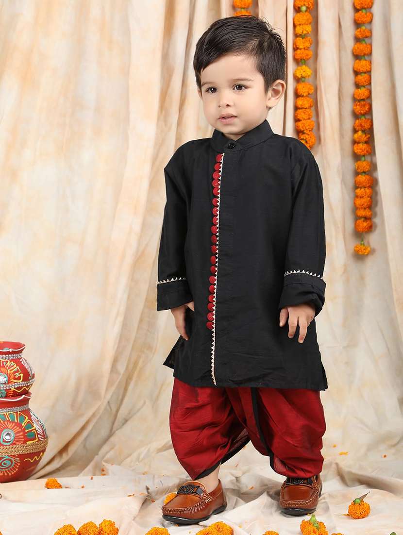 boys solid long sleeve kurta and dhoti set 