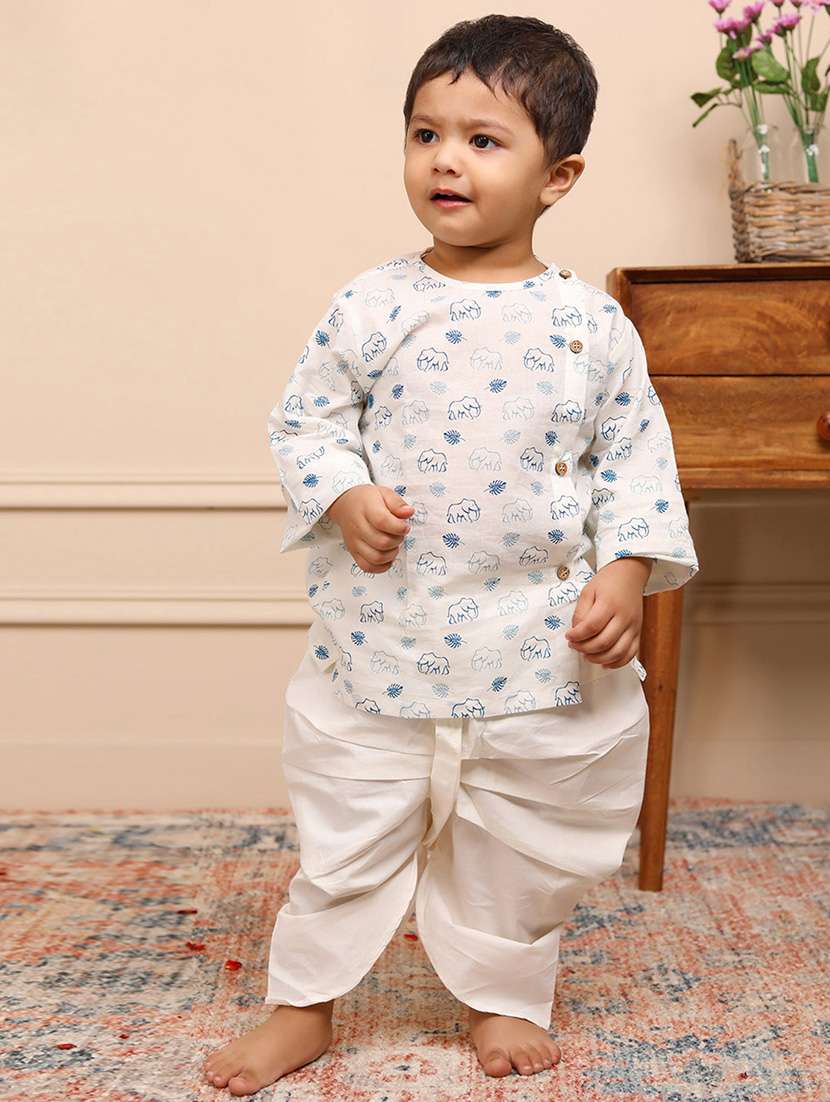 boys printed long sleeve kurta and dhoti set 