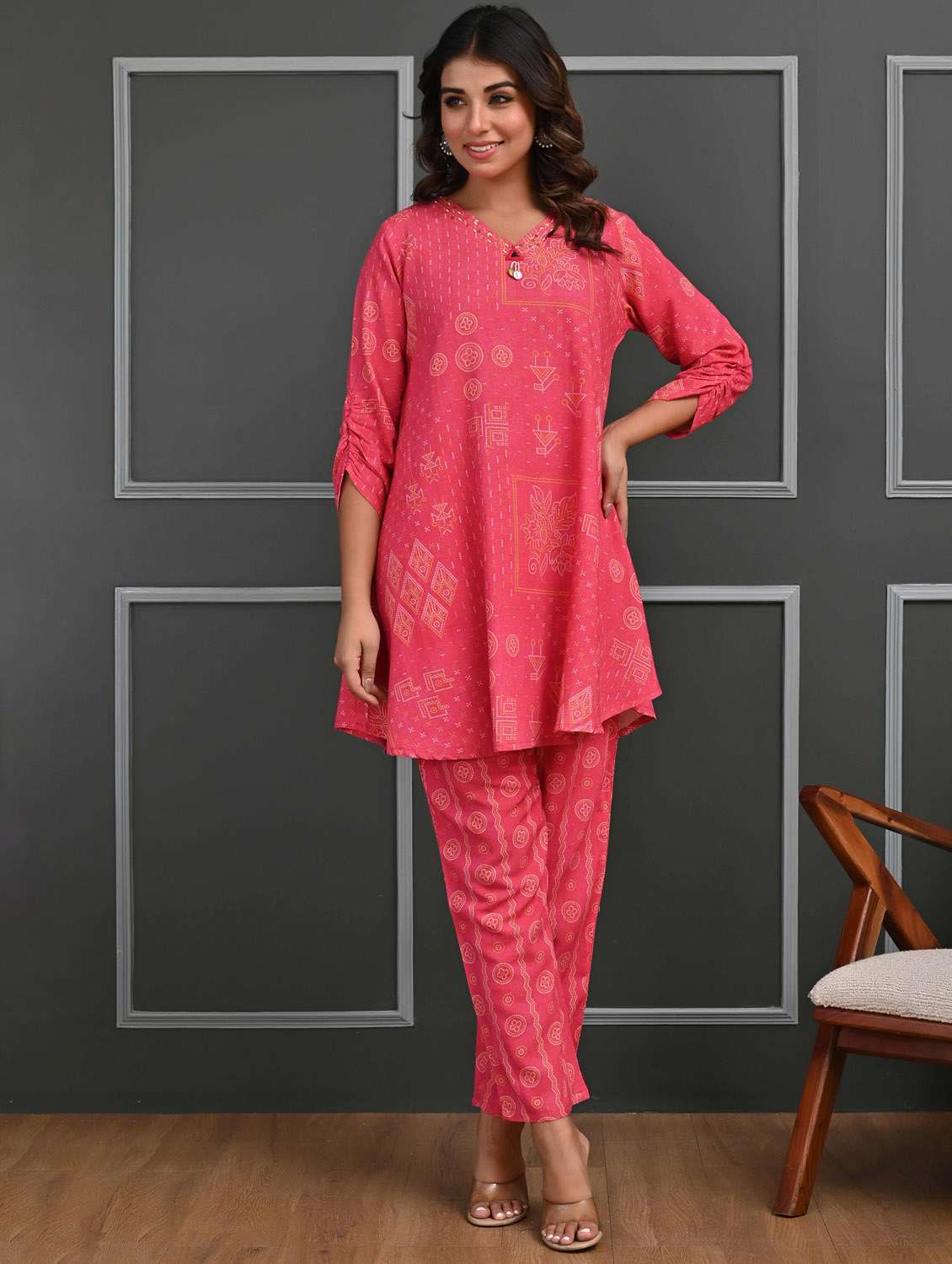 women three quarter sleeve ethnic co-ord set