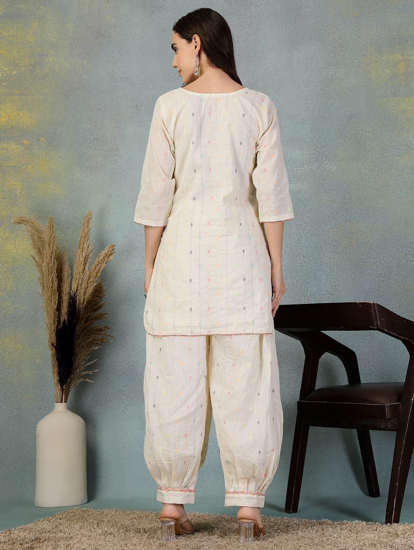women cream three quarter sleeve kurta salwar set - 21956113 -  Standard Image - 2