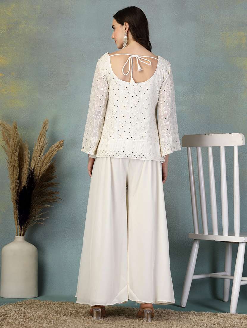 women white embroidered long sleeve kurta palazzo set - 21956117 -  Standard Image - 2