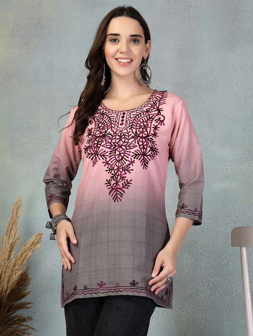 women embroidered three quarter sleeve straight kurti