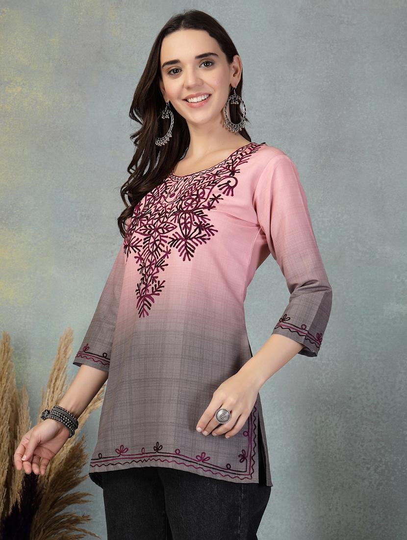 women embroidered three quarter sleeve straight kurti - 21956124 - Standard Image - 2