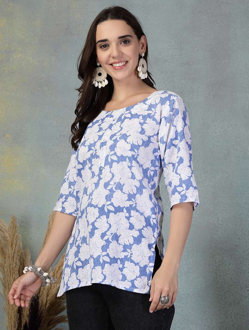 women floral three quarter sleeve straight kurti - 21956133 -  Standard Image - 2