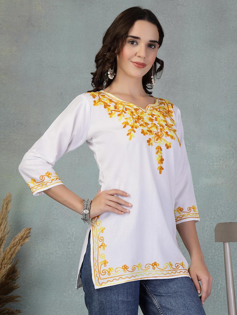 women embroidered three quarter sleeve straight kurti - 21956135 - Standard Image - 2