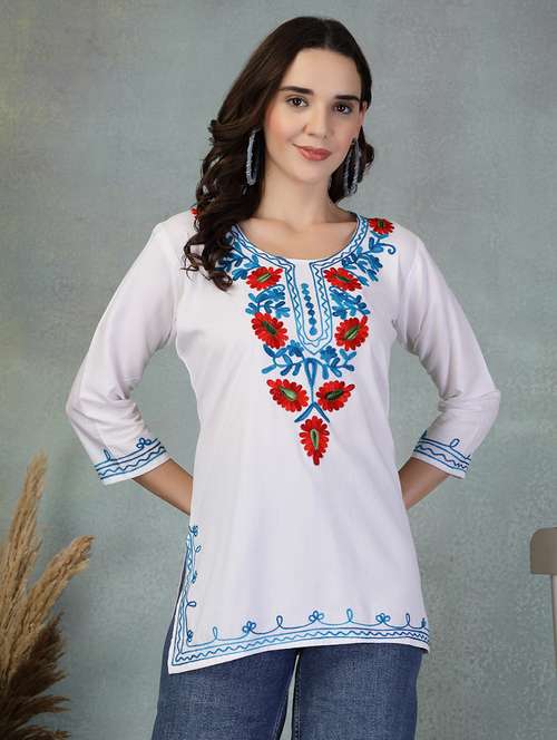 women embroidered three quarter sleeve straight kurti - 21956136 -  Standard Image - 0