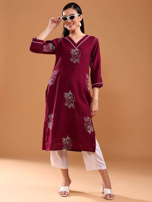women three quarter sleeve straight kurta - 21956346 -  Standard Image - 0