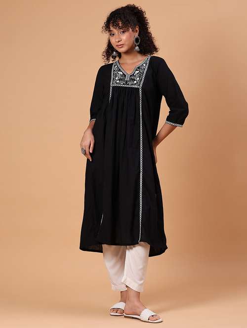 women embroidered three quarter sleeve a-line kurta - 21956348 - Standard Image - 0