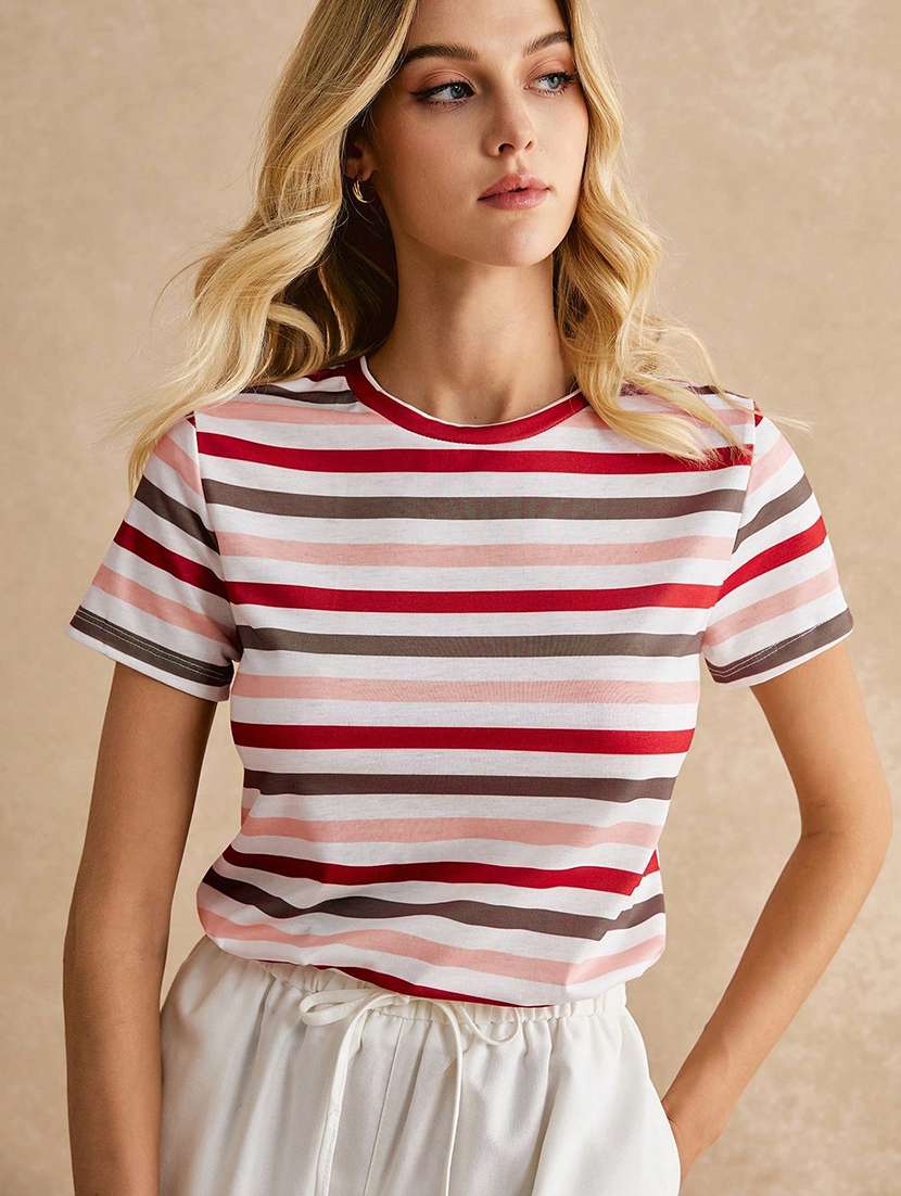 women striped crew neck short sleeve top - 21956395 -  Standard Image - 2