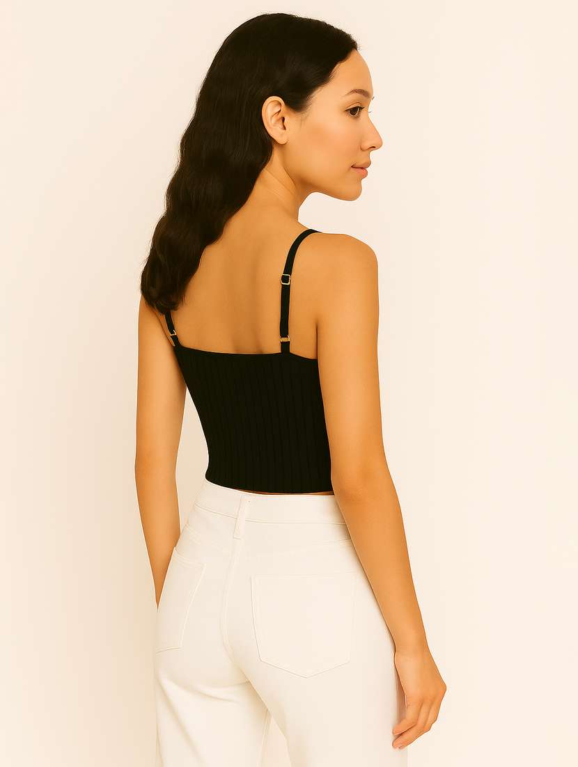 women black solid shoulder strap crop top - 21956409 - Standard Image - 2