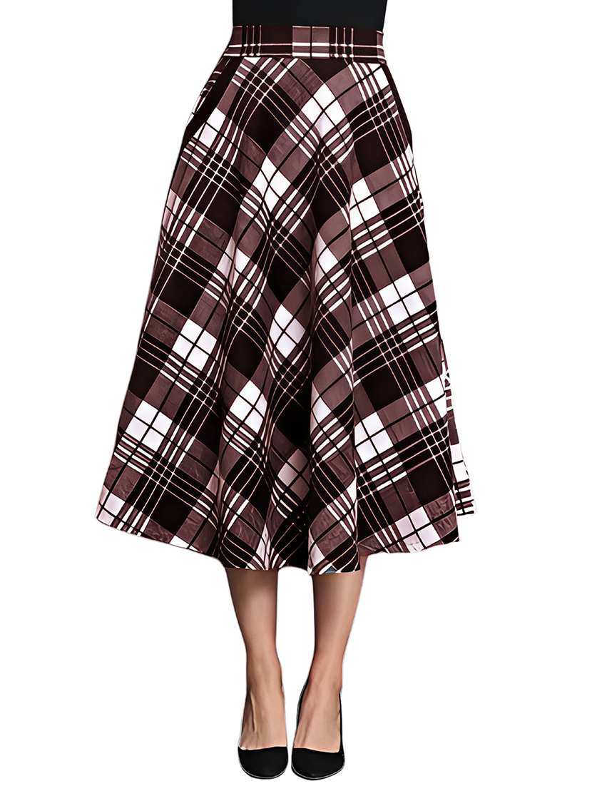 women maroon checkered high rise flared skirt