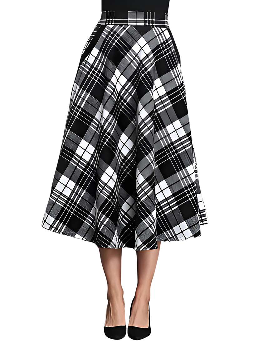 women black checkered high rise flared skirt