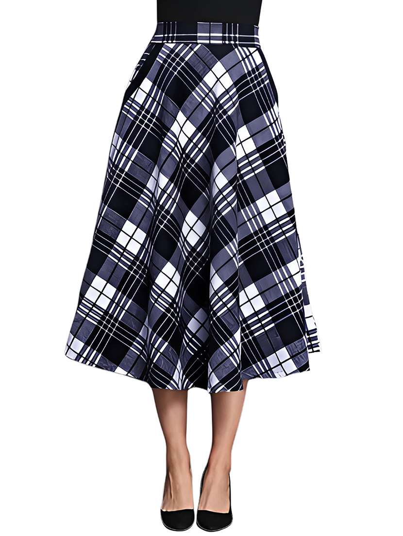 women grey checkered mid rise flared skirt