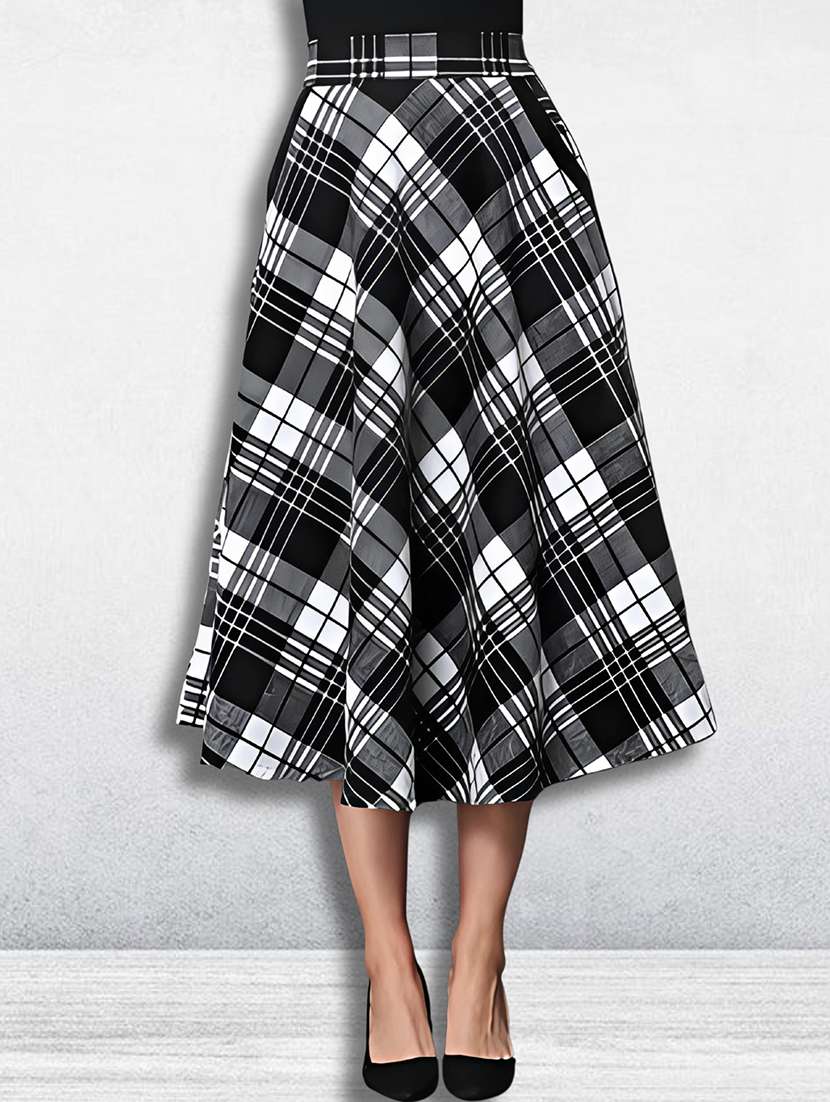 women checkered mid rise flared skirt