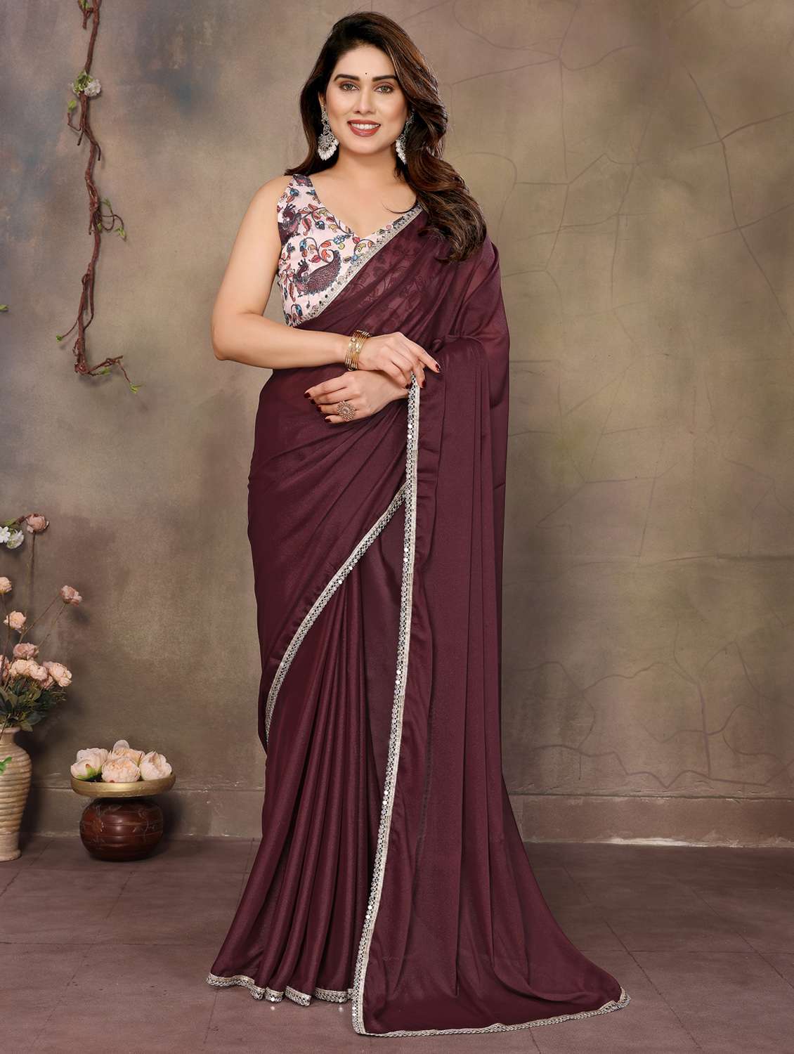 women maroon plain saree with blouse - 21956474 -  Standard Image - 2